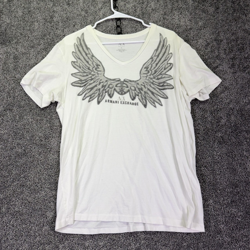 Armani Exchange Shirt Mens XL White V Neck AX Angel Wings Graphic Tee Casual